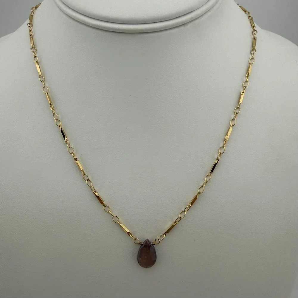 Luna Norte Boho Celestial Necklace Peach Moonstone Teardrop Gold Tone Bar Link